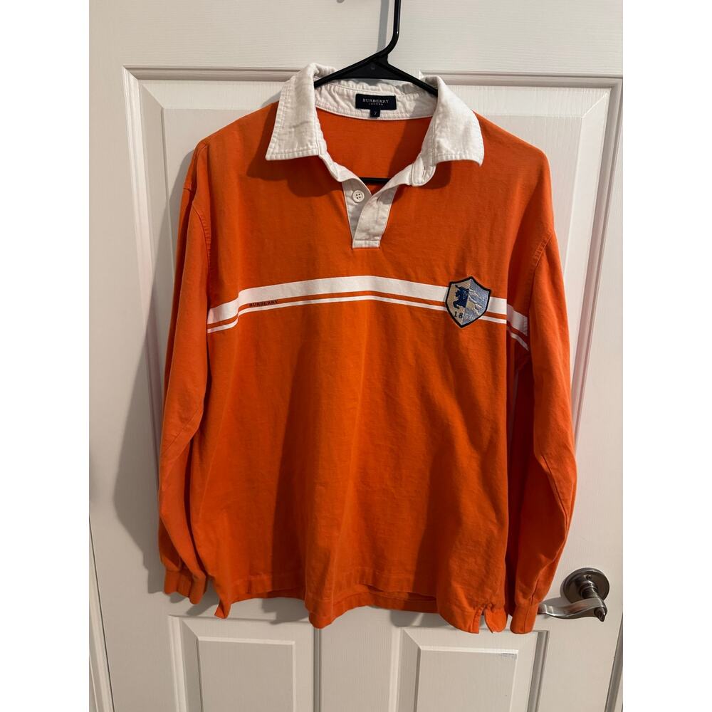 Burberry London Vintage Long Sleeve Rugby Shirt Orange White Size 7 fits L/XL